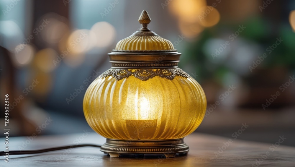 Poster elegant golden yellow decorative lamp with intricate details glowing softly in a stylish interior se