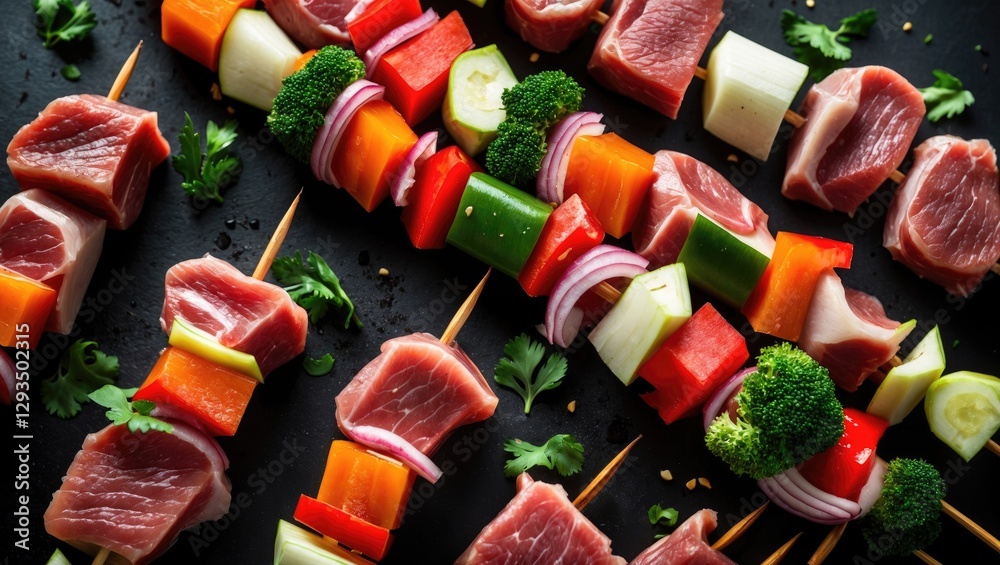 Poster colorful skewers with fresh meat and vegetables ready for grilling on dark surface culinary preparat