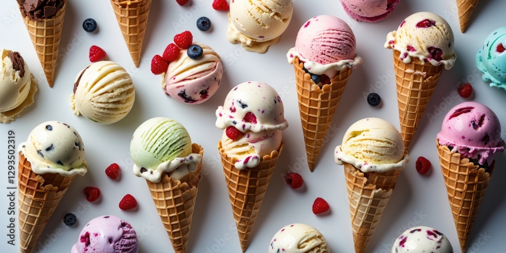 Poster variety of colorful ice creams in waffle cones with fresh berries on white background perfect for su