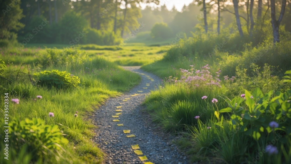 Poster scenic hiking trail surrounded by lush greenery and wildflowers in a serene bog landscape with space