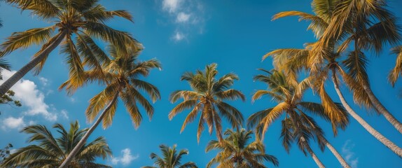 Lush Palm Trees Reaching Towards a Vibrant Blue Sky Creating a Tropical Paradise Atmosphere in Nature Photography