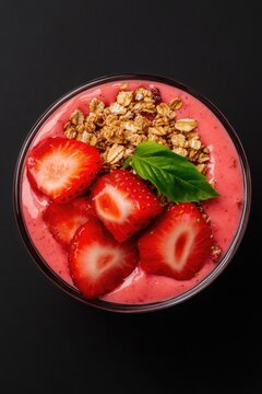 Smooth and creamy strawberry smoothie topped with crunchy granol