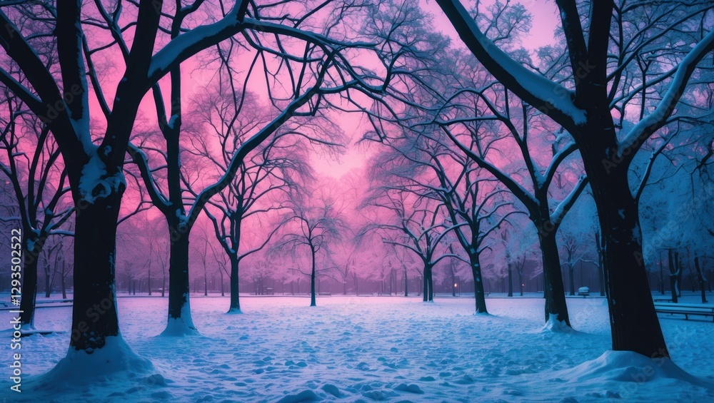 Poster snow-covered tree branches creating stunning silhouettes in a serene park at dusk, highlighted by a 