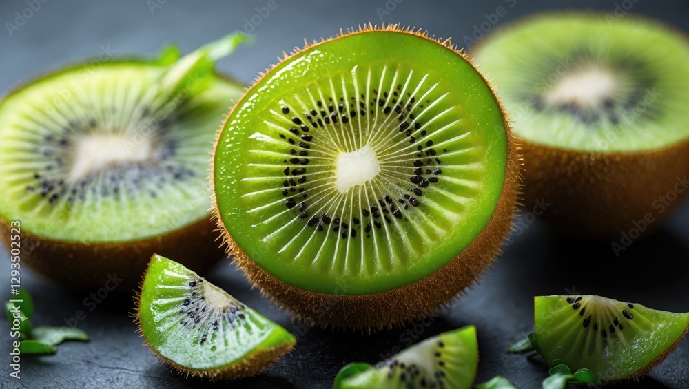 Poster freshly sliced kiwi fruit showcasing vibrant green flesh and unique texture against a dark backgroun