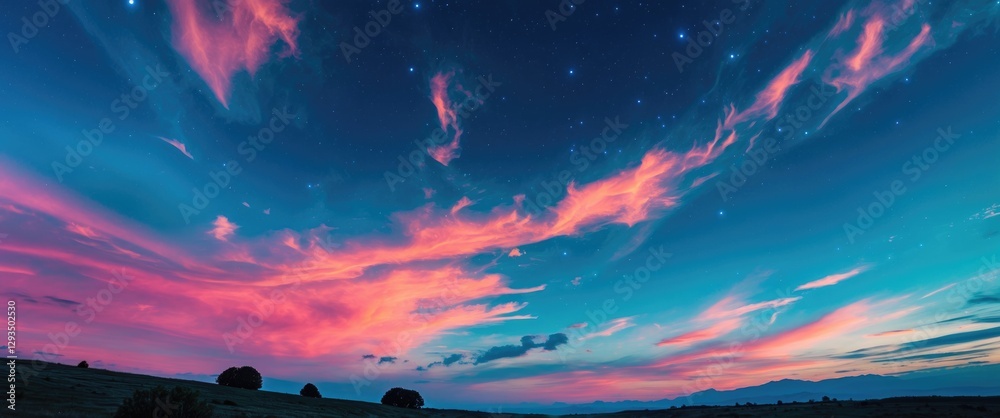 Poster Vibrant sunset sky with colorful clouds and twinkling stars ideal for use as a background or for enhancing images in editing software.