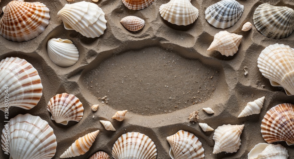 Aufkleber Seashells Arranged on Sand with Wood Background and Clear Space for Custom Text or Graphics