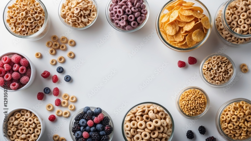 Poster variety of cereals and fruits arranged on a white background with empty space for text ideal for bre
