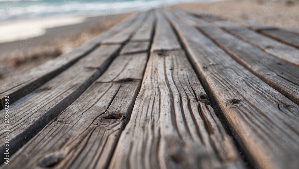 Poster close up of weathered wooden boardwalk stretching towards a serene beach with soft waves in the back