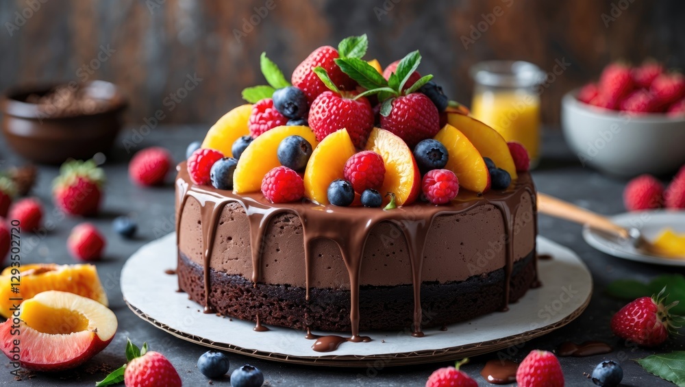 Poster decadent chocolate cake decorated with fresh berries and sliced fruit on a rustic background