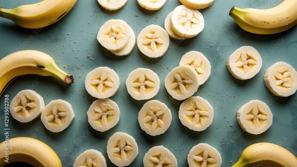 Poster Sliced Bananas Displayed on a Green Background with Space for Text and Copy. Top View Arrangement of Fresh Fruit Pieces.