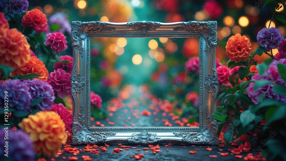 Poster elegant silver frame surrounded by vibrant flowers in a dreamy garden setting with bokeh lights and 