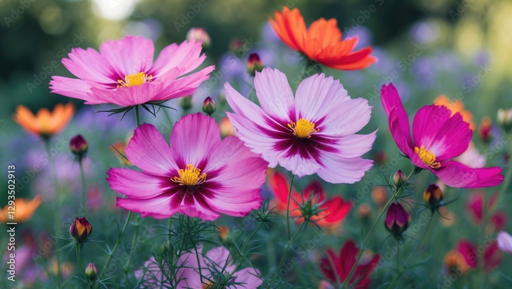 Poster close up of vibrant cosmos flowers in bloom with soft focus in a colorful garden setting