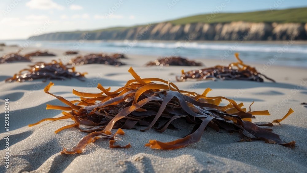 Poster seaweed gathering on the sandy shore with ocean waves and coastal cliffs in the background on a sunn