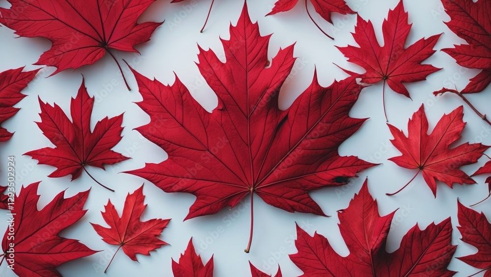 Aufkleber scattered red maple leaves creating a vibrant autumnal background with rich textures and details on a light surface