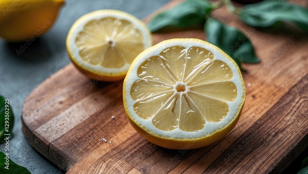 Poster freshly sliced lemon on wooden chopping board surrounded by green leaves with copy space for text in
