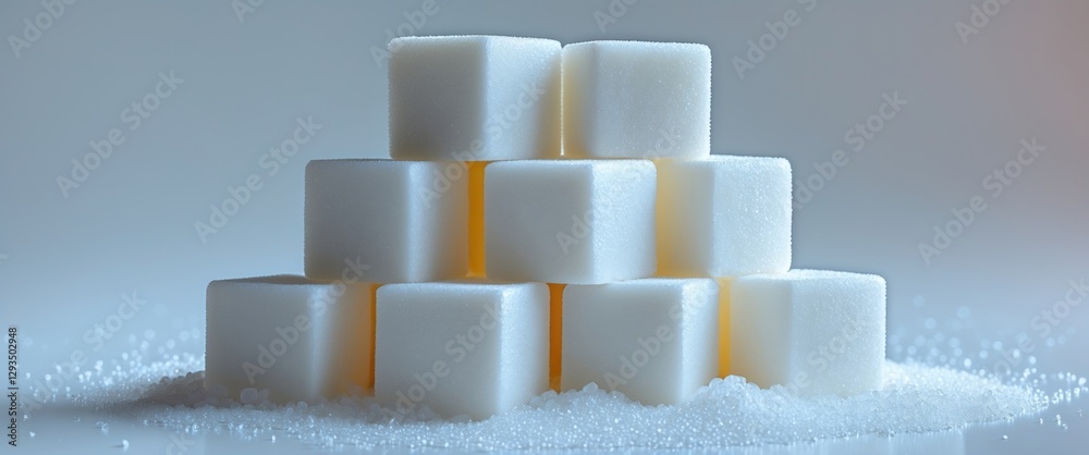 Poster pyramid of white sugar cubes with granulated sugar on a smooth surface against a light background