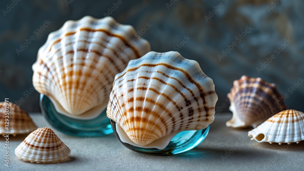 Poster elegant seashells on turquoise glass bases with soft lighting and a textured background, perfect for