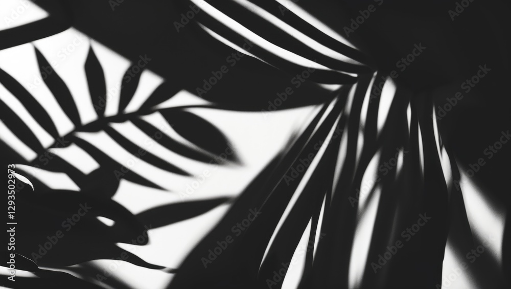 Aufkleber Abstract black and white composition of plant shadows creating intricate patterns on a bright background.