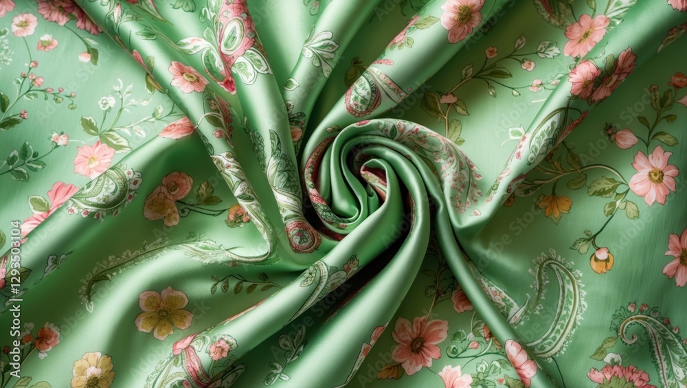 Poster elegant green silk fabric with delicate floral paisley print on a white background showcasing textur