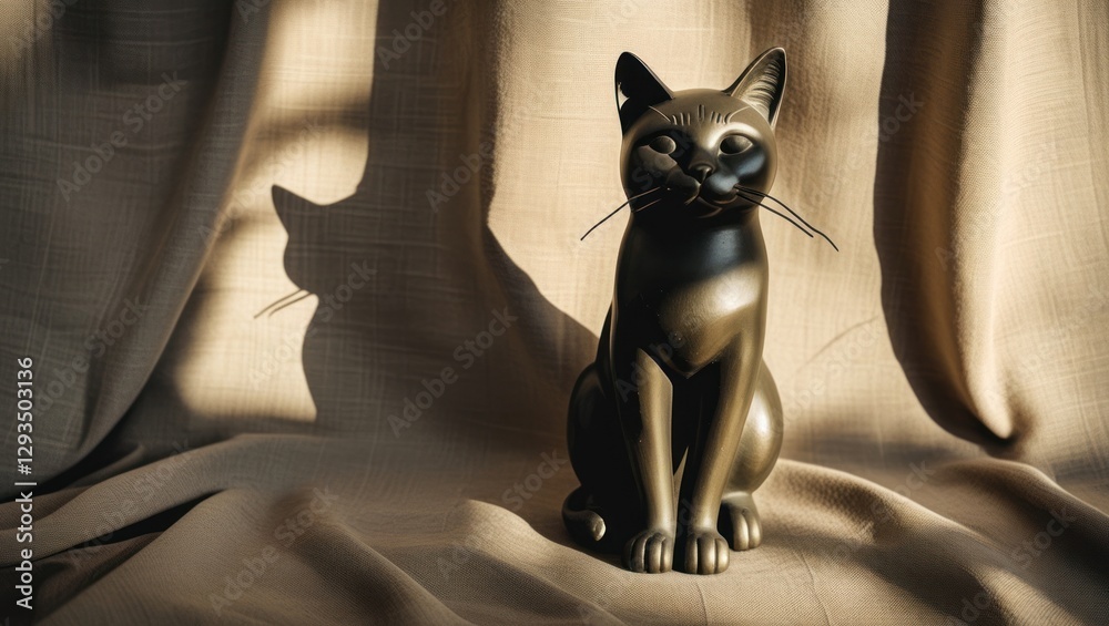 Aufkleber Elegant cat statuette casting a shadow on textured fabric creating a serene and artistic ambiance in soft natural light
