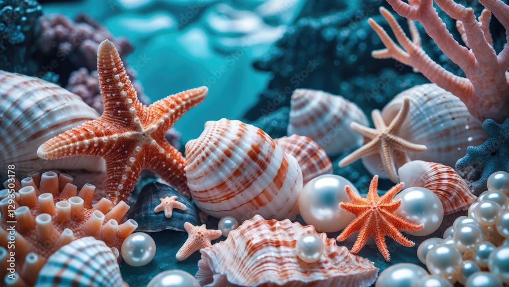 Poster marine life composition featuring seashells, pearls, corals and starfish with blue background and sp