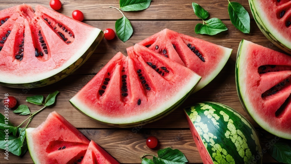 Poster ripe watermelon slices arranged on wooden table with green leaves and red berries summer freshness b