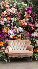 A vintage sofa with soft, velvety fabric and elegant wooden legs sits in front of an array of colorful flowers
