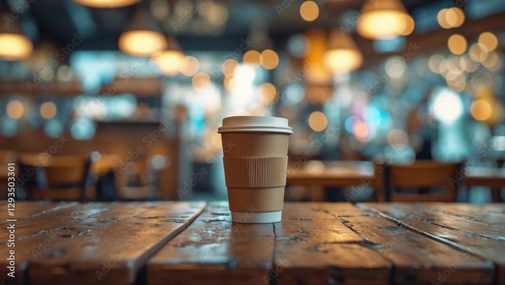 Poster cozy ambiance of a coffee shop with blurred background bokeh featuring an empty wooden table and a t