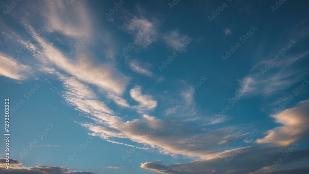 Aufkleber Cloudy sky with wispy clouds illuminated by sunlight creating a tranquil backdrop for landscape or nature themes