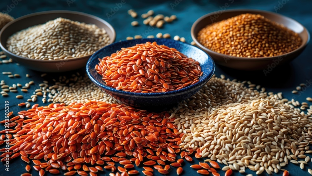Poster Variety of flax seeds and sesame seeds arranged artistically on a table showcasing their unique colors and textures in an appealing presentation