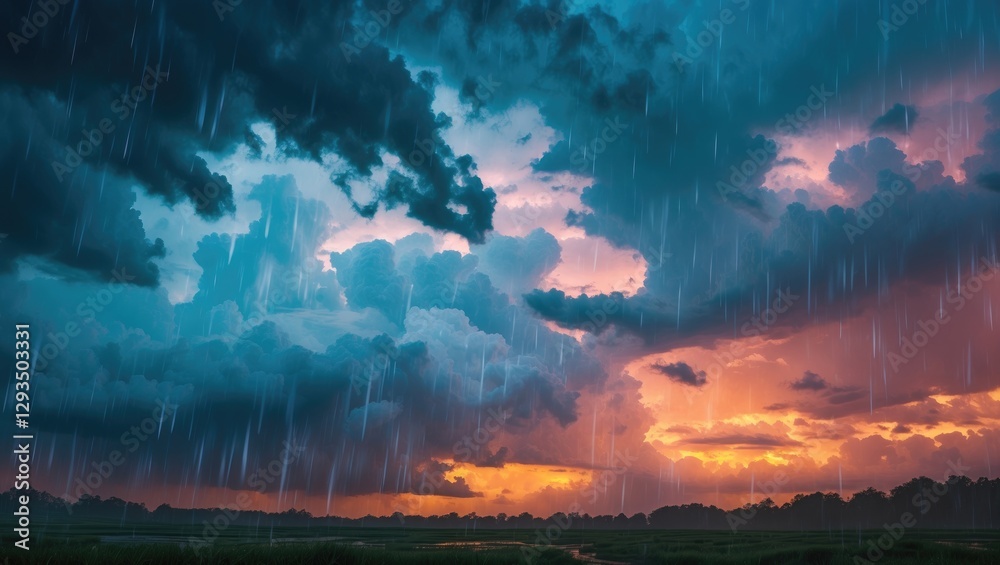 Poster Dramatic thunderstorm clouds at dusk with heavy rain and illuminated horizon creating an intense atmospheric scene.