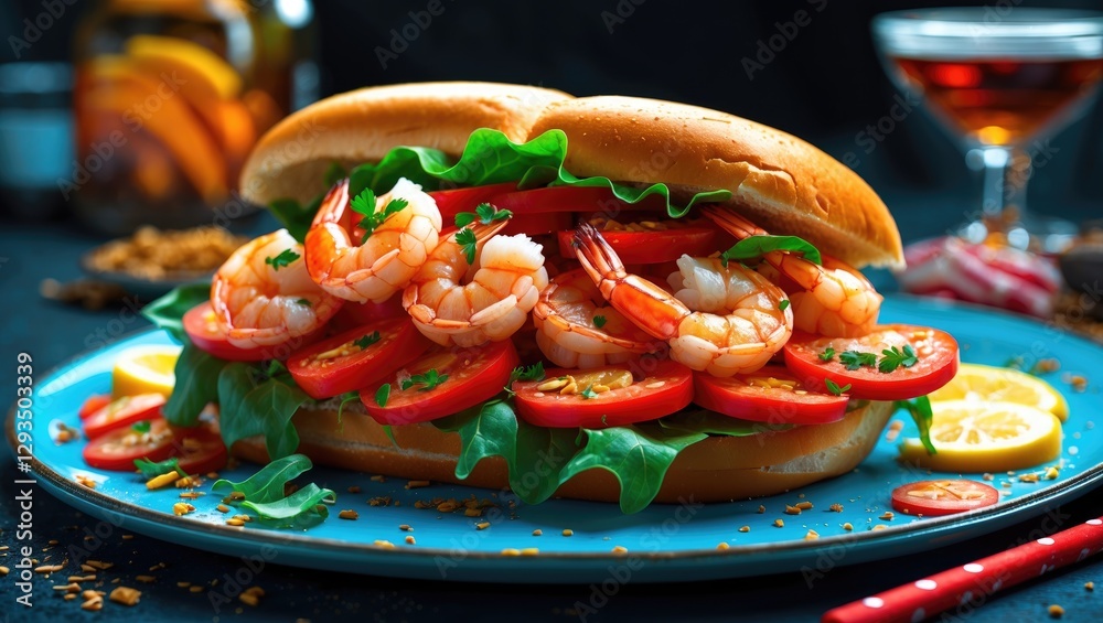 Poster Shrimp Sandwich with Fresh Ingredients and Empty Space for Text on a Colorful Plate Against a Dark Background