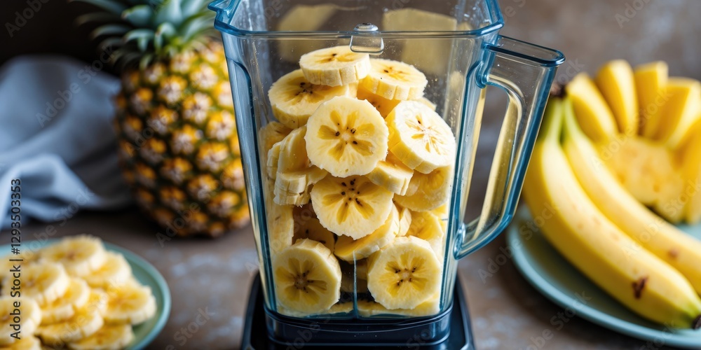 Aufkleber Sliced Pineapple And Banana In A Blender With Fresh Fruits In The Background Ready For Smoothie Preparation