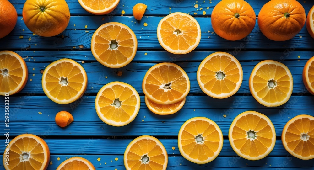 Poster freshly sliced oranges arranged on vibrant blue wooden planks creating a colorful, refreshing and he