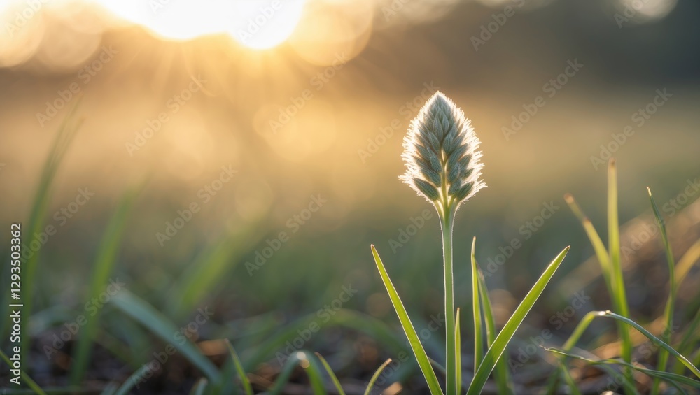 Poster single grass flower in sunlight with blurred background and copy space for text illustrating nature'