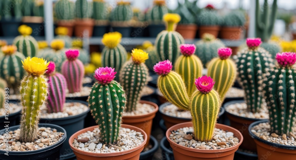 Poster Vibrant Moon Cacti in Various Colors Displayed at a Nursery with Soft Focus on Desert Plants and Pots. Perfect for Flora and Gardening Themes.