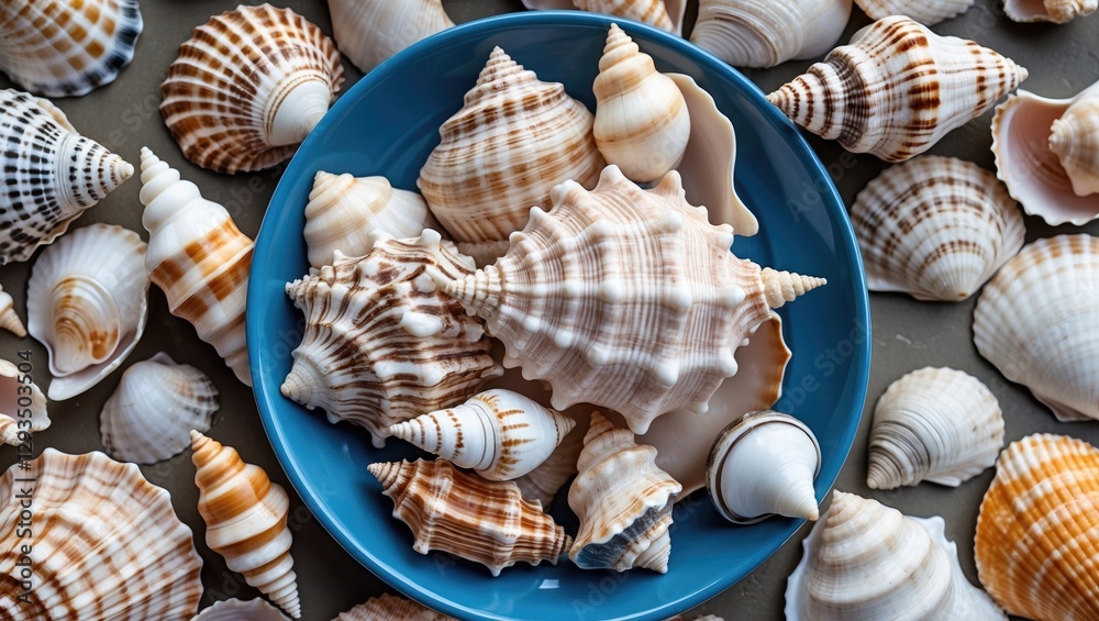 Poster seashell collection on blue plate surrounded by various shells top view perfect for summer beach the