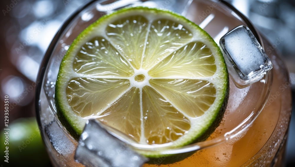 Poster Cocktail Glass with Lime Slice and Ice Cubes Refreshing Drink Close-Up for Beverage Promotions and Summer Themes