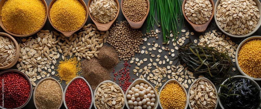 Poster assorted grains and seeds including millet, oats, and flaxseed arranged in various bowls creating a 