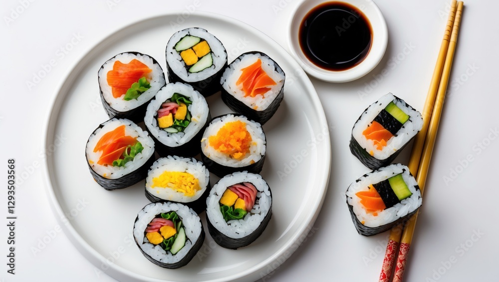 Poster colorful assorted sushi and maki on a white plate with soy sauce and chopsticks, overhead view with 