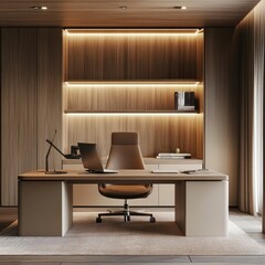 A modern wooden desk with a comfortable executive chair