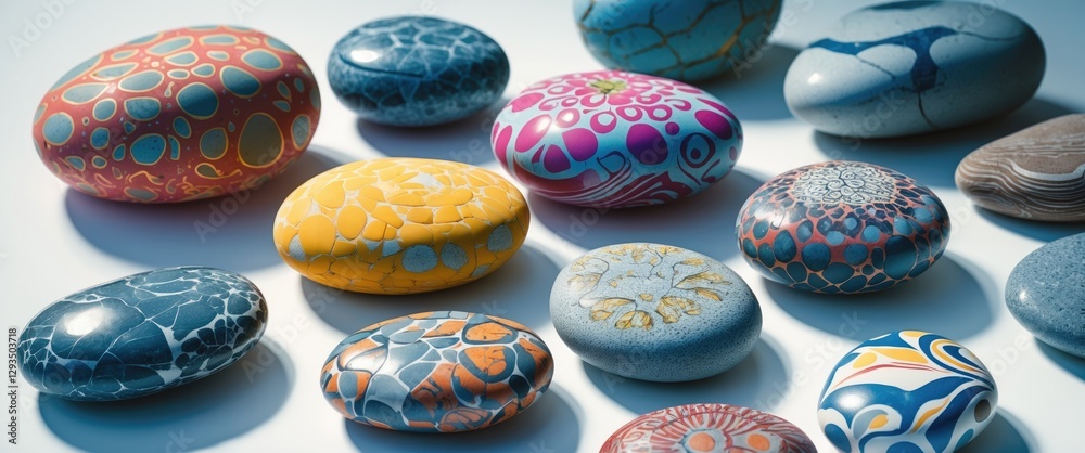 Poster colorful patterned stones arranged on a white background showcasing vibrant designs and textures for