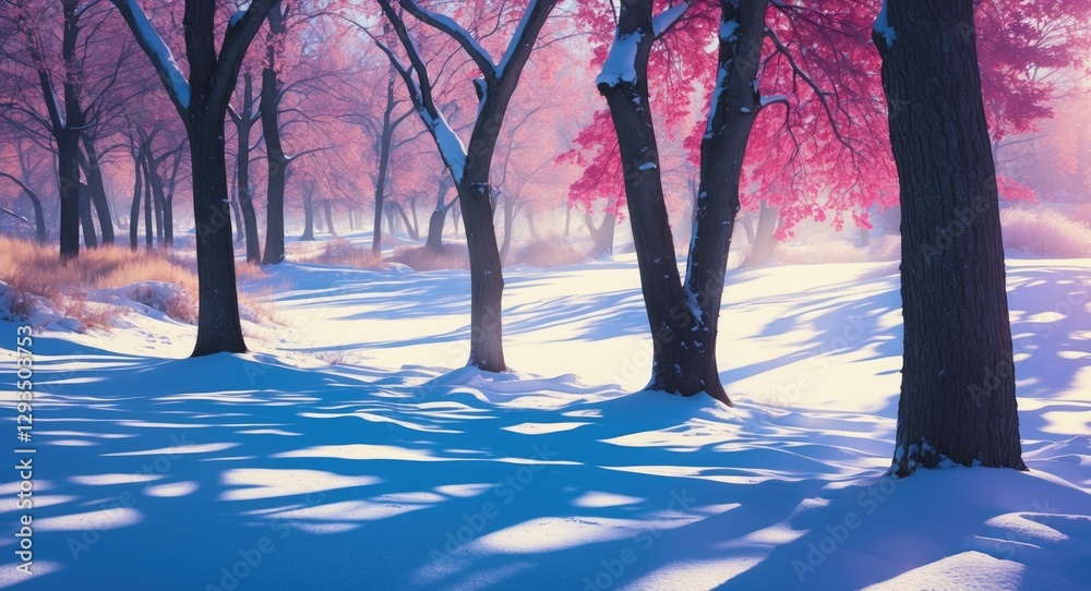 Poster winter landscape with colorful tree shadows on pristine snow under soft morning light