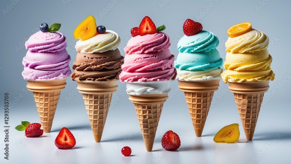 Poster Assorted Colorful Ice Cream Cones Displayed Against White Background With Fresh Fruits Copy Space For Promotional Text and Advertisements