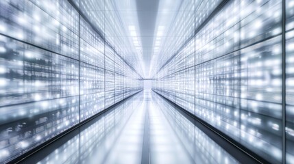 Obraz premium Data center corridor, server room, bright lights, digital technology, background architecture