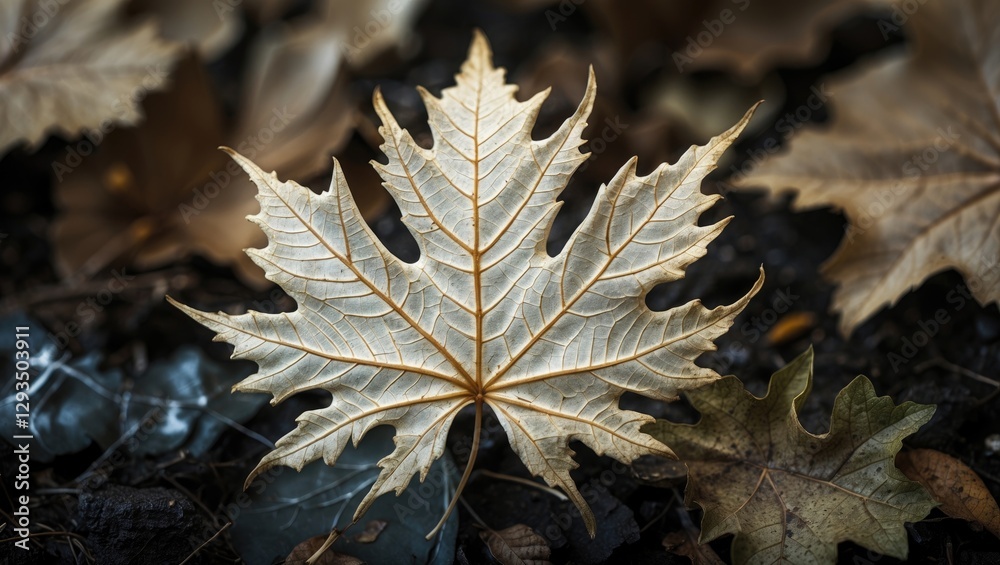 Poster Detailed close-up of a skeleton leaf displaying intricate veins and natural textures on a dark background showcasing organic decay and beauty.