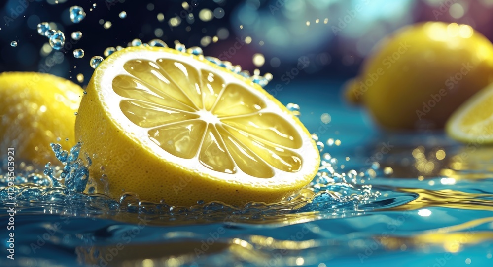 Aufkleber Lemon slice splashing in water with fresh lemons in background creating a vibrant and refreshing citrus-themed image for food or beverage concepts