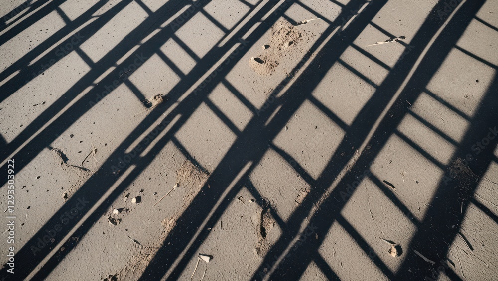 Poster Intricate shadow patterns created by lines on a sandy surface highlighting textures and shapes under natural lighting conditions.