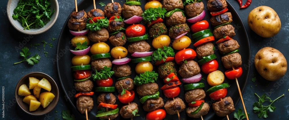 Poster Grilled Shish Kebab with Colorful Vegetables and Spiced Potatoes on a Dark Background with Blank Space for Text Ð¸Ð»Ð¸ Content