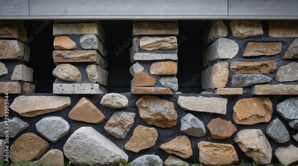Aufkleber Natural stone cladding on house foundation showcasing varying textures and colors in a rustic architectural design.